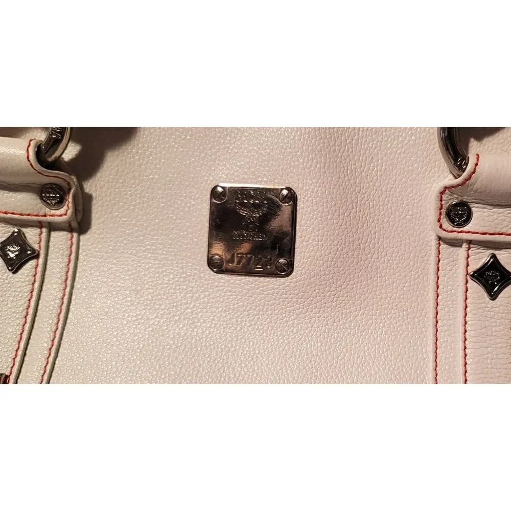 MCM White Leather Shoulder Bag with Red Stitching